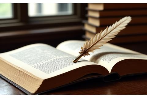 Open book with quill pen and elegant script, symbolizing storytelling and dedication.