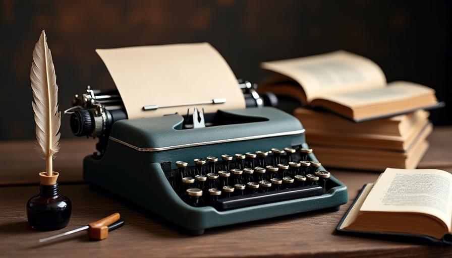 Vintage typewriter with paper and a quill pen, symbolizing manuscript submission.